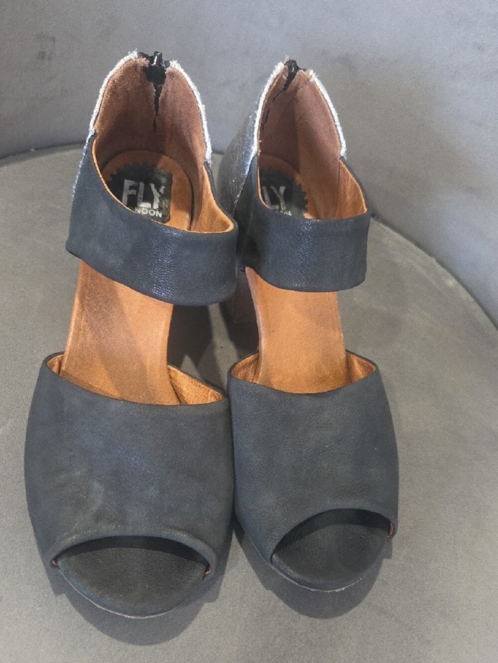 Fly London Black Leather Block Heel Sandals with Silver Heel Cap - Picture 2 of 7